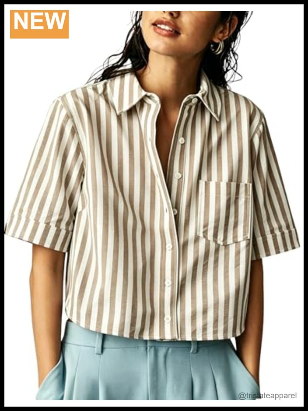 Cropped Button Down Shirt Short Sleeve Striped Women Blouse